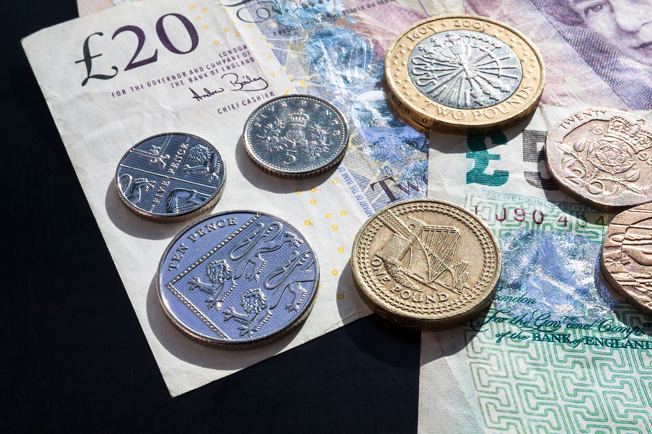 Collection of coins and a twenty pound note.